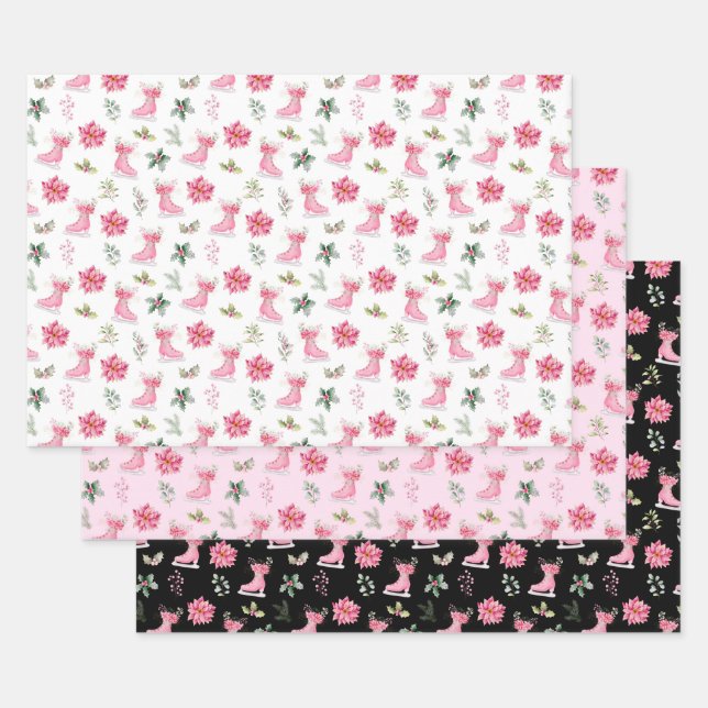 Christmas Floral Pink Ice Skates Geschenkpapier Set (Set)