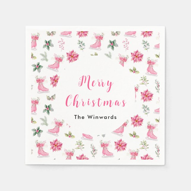 Christmas Floral Pink Ice Skates Merry Christmas Serviette (Vorderseite)