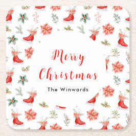 Christmas Floral Red Ice Skates Merry Christmas Rechteckiger Pappuntersetzer