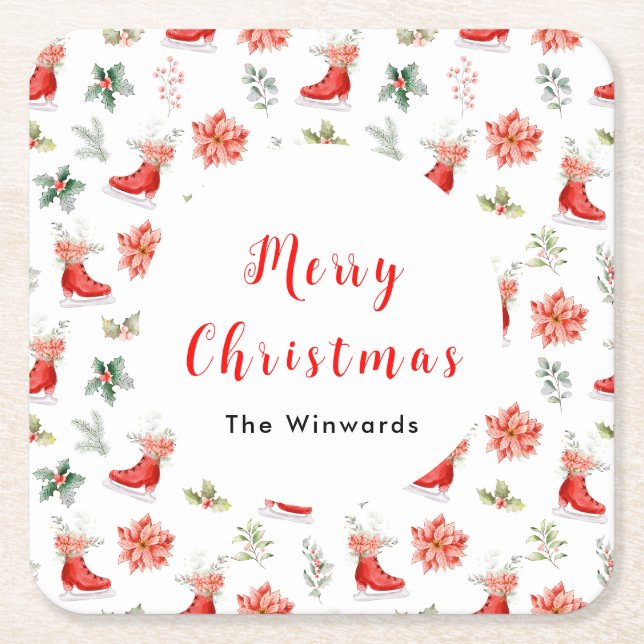 Christmas Floral Red Ice Skates Merry Christmas Rechteckiger Pappuntersetzer (Vorderseite)