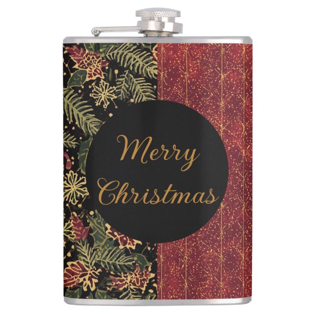 Christmas Flowers ,Red Gold Black,Merry Christmas  Flachmann (Vorderseite)