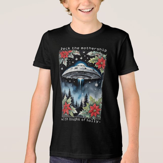 Christmas Flying Saucer Aliens Deck the Mothership Tri-Blend Shirt (Vorderseite)
