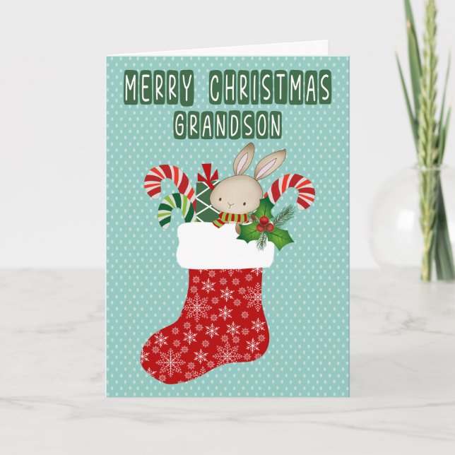 Christmas for Grandson Stocking with Bunny Karte (Vorderseite)