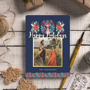 Christmas Foto Reindeer Floral Blue Folien Feiertagskarte