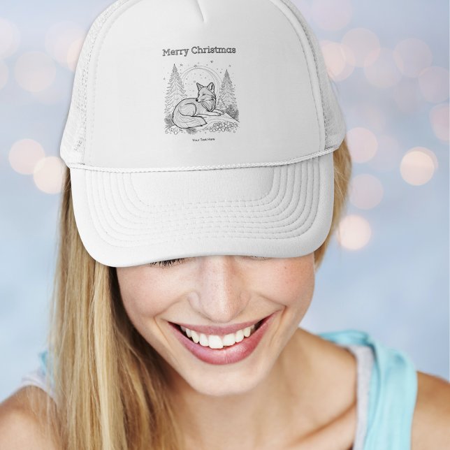 Christmas Fox Line Art Naturerlebnis Landschaft Truckerkappe (A personalized festive trucker hat with winter fox design and 'Merry Christmas' words)