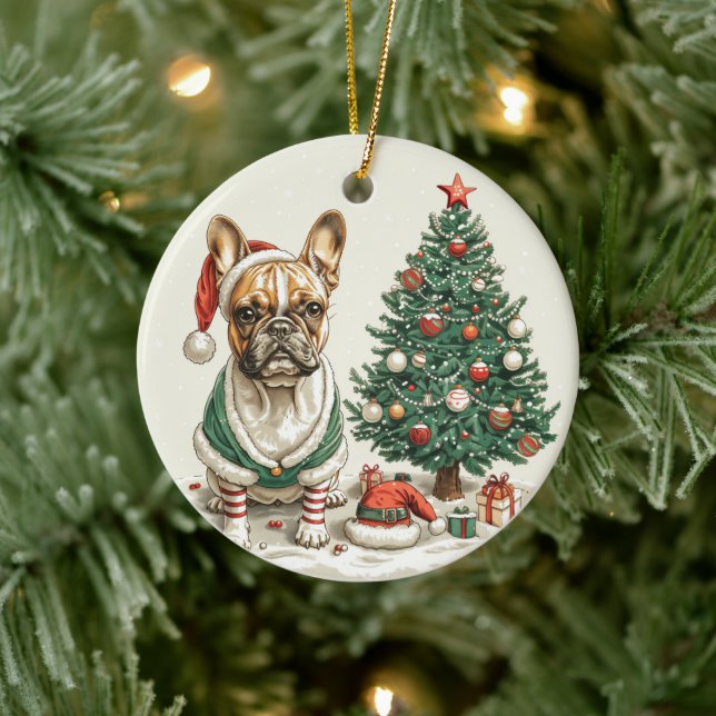 Christmas French Bulldog Elf Dog Keramik Ornament (Baum)