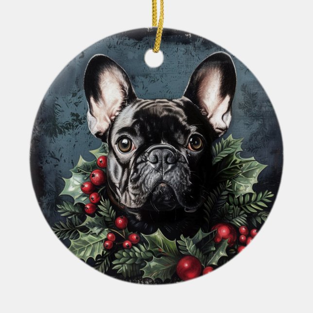 Christmas French Bulldog Holly Keramik Ornament (Vorne)