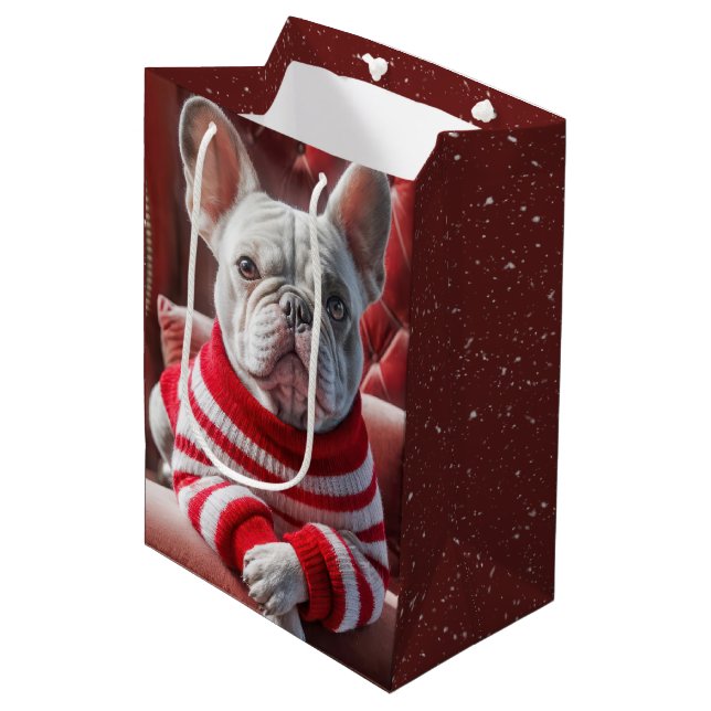 Christmas French Bulldog Mittlere Geschenktüte (Vorderseite Schrägansicht)