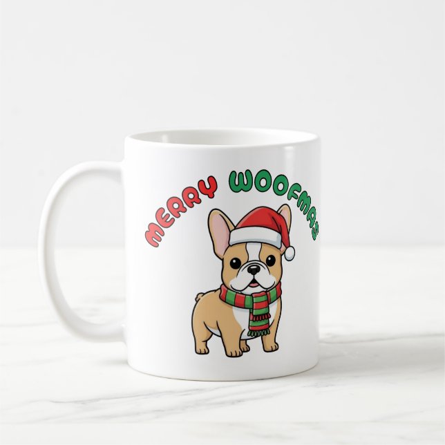 Christmas French Bulldog Tasse: Frohe Woofmas Kaffeetasse (Links)
