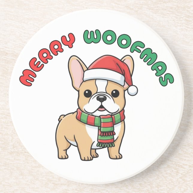 Christmas French Bulldog Untersetzer: Frohe Woofma Getränkeuntersetzer (Vorne)