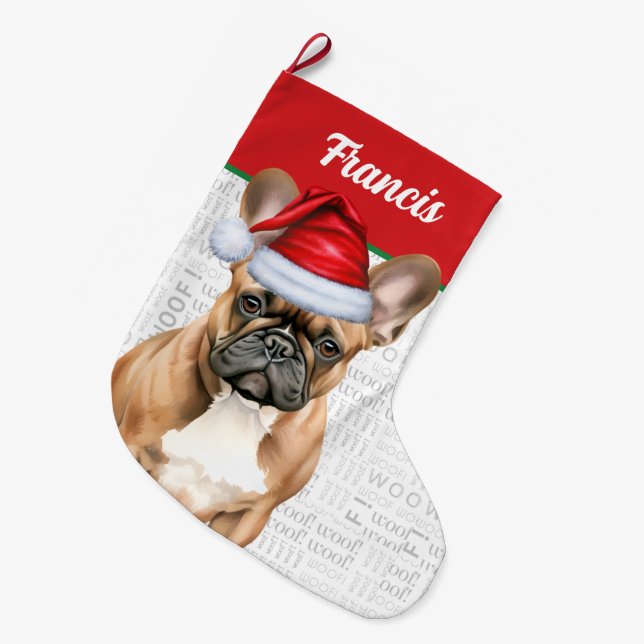 Christmas French Bulldog with Name Woof Background Großer Weihnachtsstrumpf (Vorderansicht (hängend))