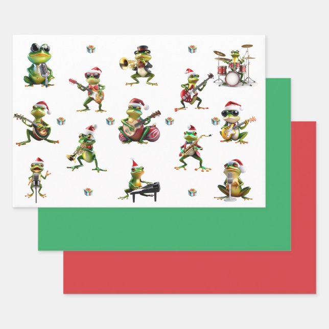 Christmas Frog Jazz Band und Solids Green & Red Geschenkpapier Set (Set)
