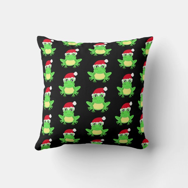 Christmas Frog Weihnachtsmannmütze Pattern Black N Kissen (Rückseite)