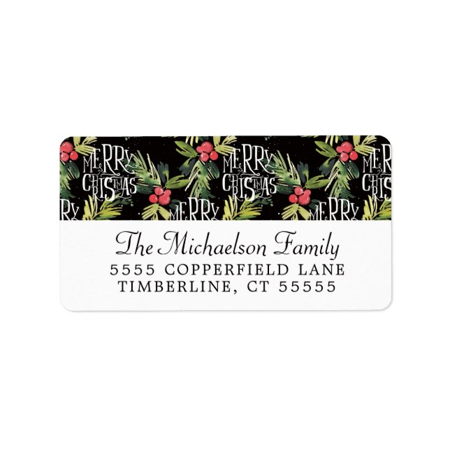 Christmas | Frohe Weihnachten - Holly Black Patter Adressaufkleber (Vorne)