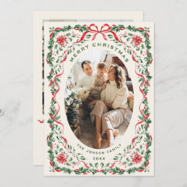 Christmas Funky Whimsical Red Bow Wreath 2 Photo Feiertagskarte