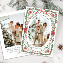 Christmas Funky Whimsical Red Bow Wreath 2 Photo Feiertagskarte