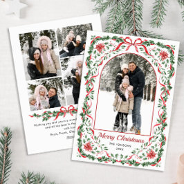 Christmas Funky Whimsical Red Bow Wreath 5 Photo Feiertagskarte