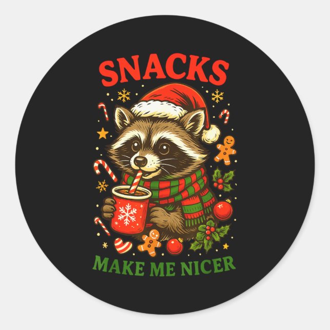 Christmas Funny Cute Feral Raccoon Snacks Make Me  Runder Aufkleber (Vorderseite)