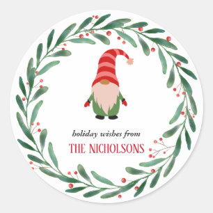 Christmas Funny Gnome Holiday Holly Wreath Runder Aufkleber