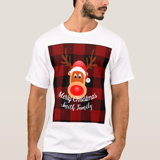 Christmas Funny Reindeer Buffalo Kariert Custom T-Shirt (Vorderseite)
