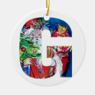 CHRISTMAS G LETTER / SANTA WITH CHRISTMAS TREE KERAMIK ORNAMENT