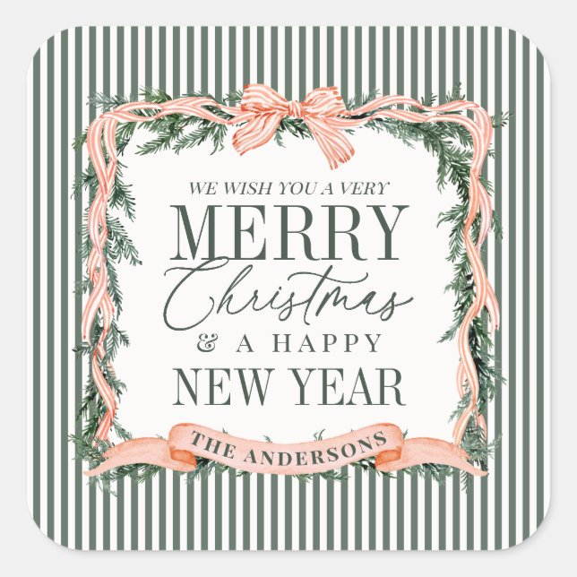 Christmas Garland Ribbon Frame Quadratischer Aufkleber (Vorderseite)