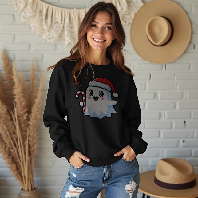 Christmas Ghost Candy Cane Sweatshirt (Christmas Ghost Candy Cane Sweatshirt, Holiday Cute Ghost Jumper, Festive Soft Fleece Pullover)