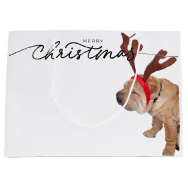 CHRISTMAS GIFT BAG BULLDOG WEARING ANTLERS GROßE GESCHENKTÜTE