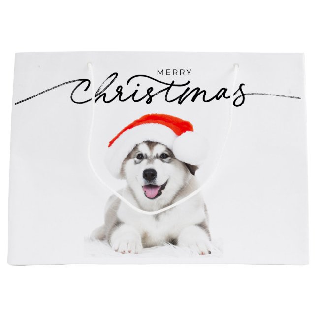 CHRISTMAS GIFT BAG MIT HUSKY PUPPY IN WEIHNACHTSMA GROßE GESCHENKTÜTE (Vorderseite)