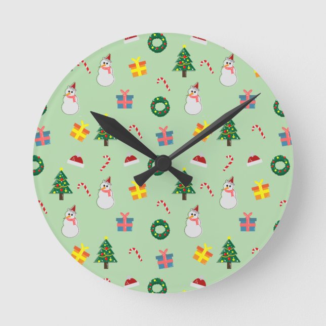 Christmas Gift – Cute Holiday Pattern with Snowman Runde Wanduhr (Vorderseite)