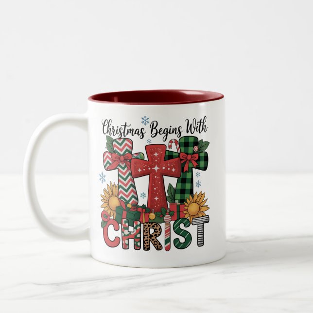Christmas Gift Merry Xmas Plaid Religious Cross  Zweifarbige Tasse (Links)