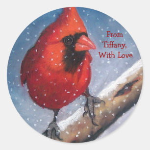 CHRISTMAS GIFT STICKERS: ROTER KARDINAL, SCHNEE, K RUNDER AUFKLEBER