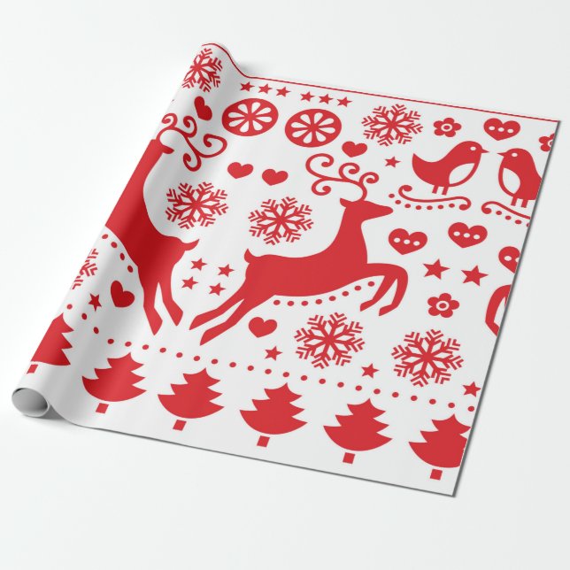 CHRISTMAS GIFT WRAP SCANDINAVIAN REINDEIN IN ROT GESCHENKPAPIER (Ungerollt)