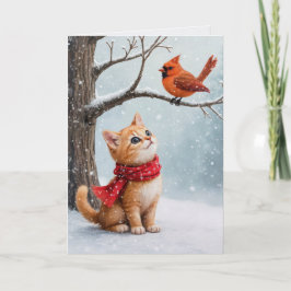 Christmas Ginger Kitty sieht einen Kardinal Karte