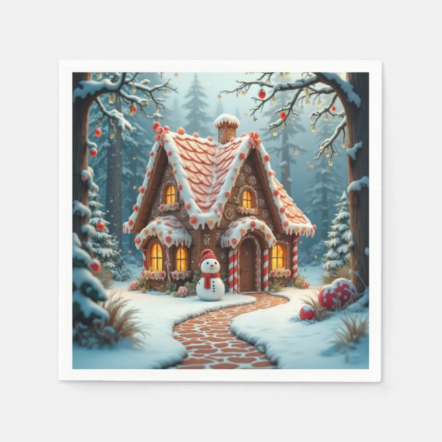 Christmas Gingerbread Cottage With a Snowman  Serviette (Vorderseite)