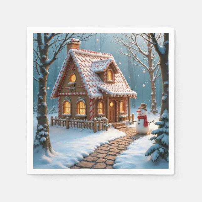 Christmas Gingerbread House With a Snowman  Serviette (Vorderseite)