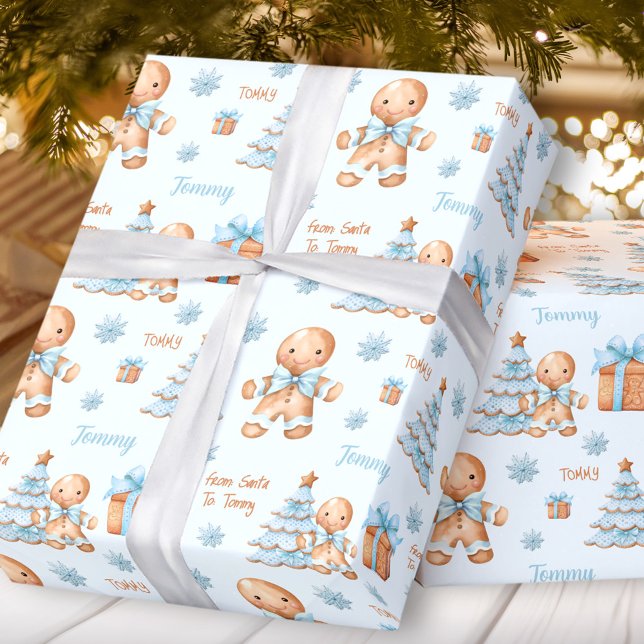 Christmas Gingerbread Man Boy Blauer Name Text Geschenkpapier (Christmas Gingerbread Man Boy Blue Name Text Wrapping Paper)