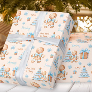 Christmas Gingerbread Man Boy Blue Beige Name Text Geschenkpapier