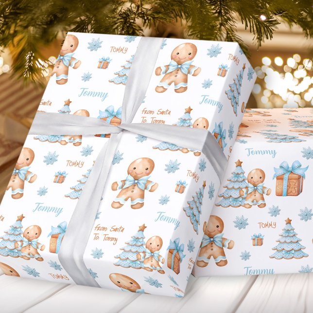Christmas Gingerbread Man Boy Name Text Geschenkpapier (Christmas Gingerbread Man Boy Name Text Wrapping Paper)