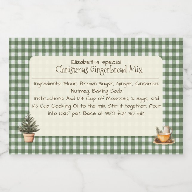 Christmas Gingerbread Mix Green Gingham Labels Lebensmitteletikett (Einzelnes Label)