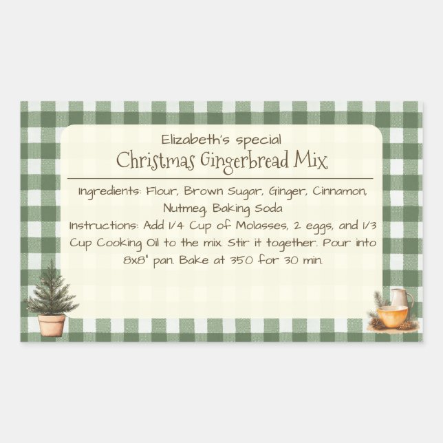 Christmas Gingerbread Mix Green Gingham Labels Rechteckiger Aufkleber (Vorderseite)