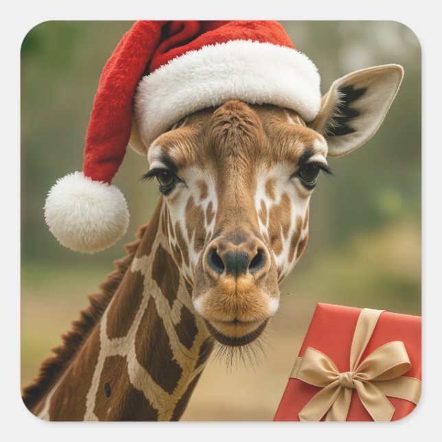 Christmas Giraffe With Holiday Gift Quadratischer Aufkleber (Vorderseite)