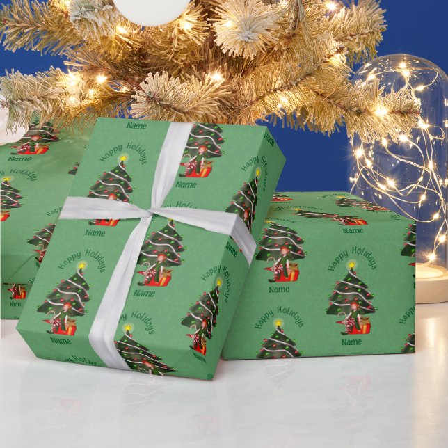 Christmas Girl Elf Tree Niedlich Personalisiert Geschenkpapier (Feiertage)