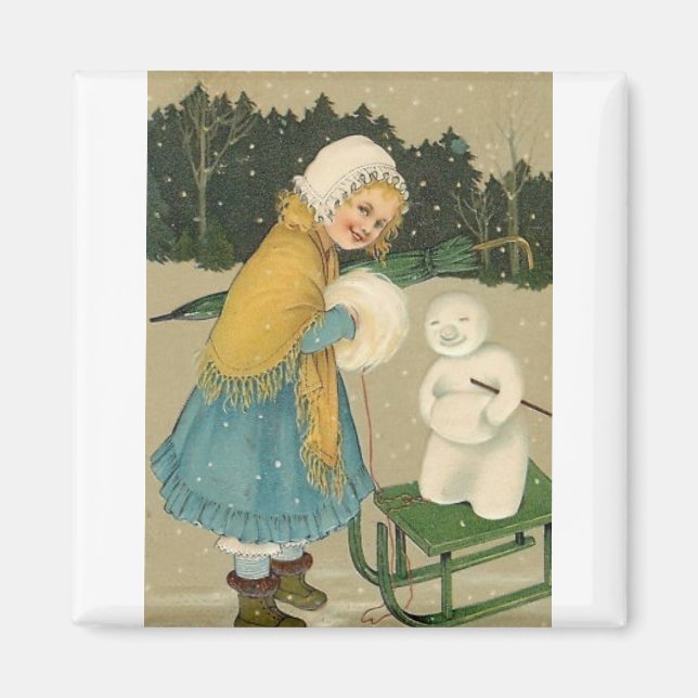 Christmas Girl & Snowman Vintage Kunst Magnet (Vorne)