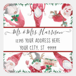 Christmas Gnome Deer Antler Red Watercolor Adresse Quadratischer Aufkleber