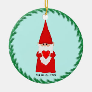 Christmas Gnome Holding a Heart on Light Blue Keramik Ornament