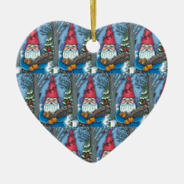 CHRISTMAS GNOME, SQUIRREL, WOODPECKER & KARDINAL KERAMIK ORNAMENT (Vorne)