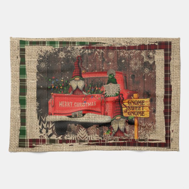 Christmas Gnome Sweet Gnome Red Truck Kariert Rust Geschirrtuch (Horizontal)