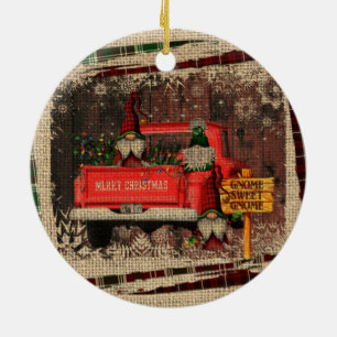 Christmas Gnome Sweet Gnome Red Truck Kariert Rust Keramik Ornament