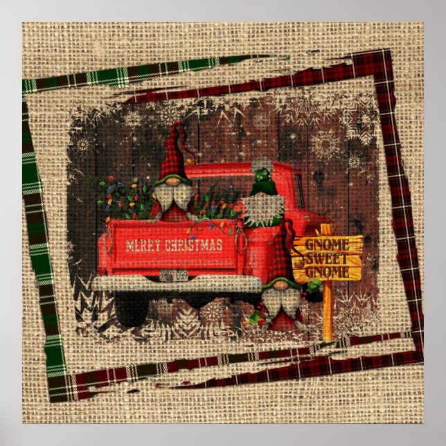 Christmas Gnome Sweet Gnome Red Truck Kariert Rust Poster (Vorne)